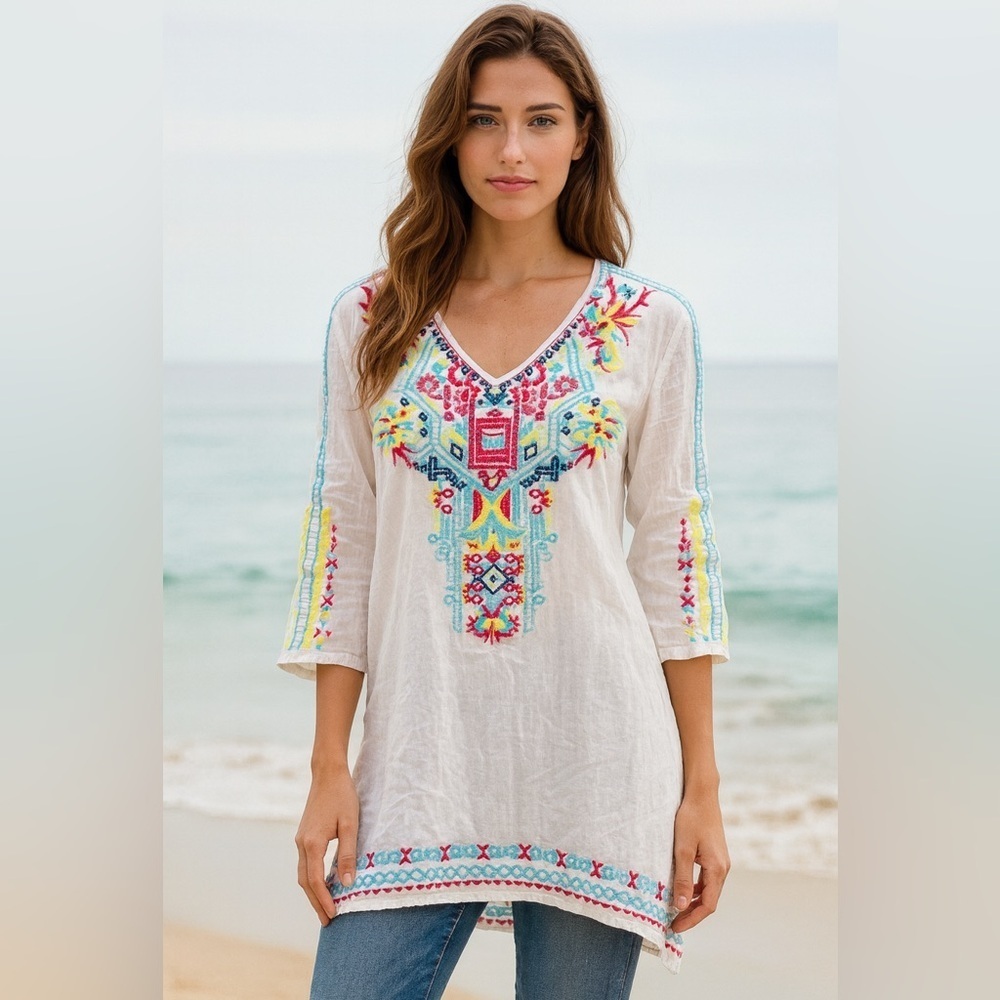 Solitaire Embroidered White Boho Top.   Size-Small